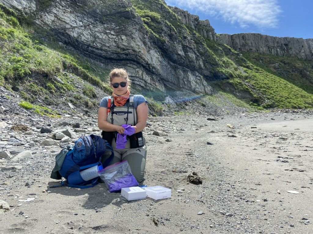A researcher in gloves bagging samples on a rocky beach below coastal cliffs